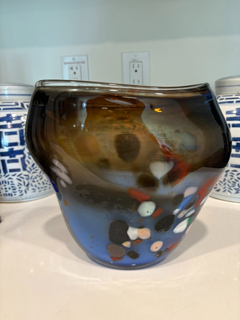 Murano Style Handblown Murrine Art Glass Vase Amber Blue 12” - Picture 6 of 10